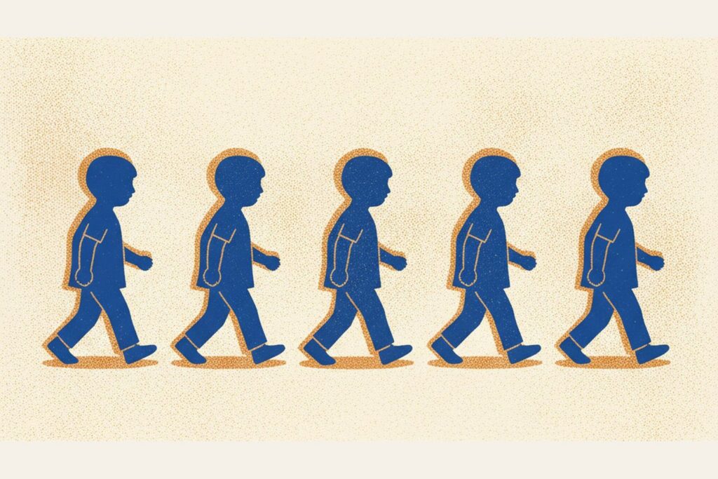 Row of school-aged children walking in single-file procession risograph illustration
