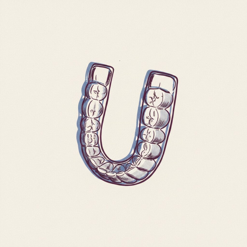 Risograph illustration of a clear Vivera retainer tray for the Aligned with Ryan category About Retainers