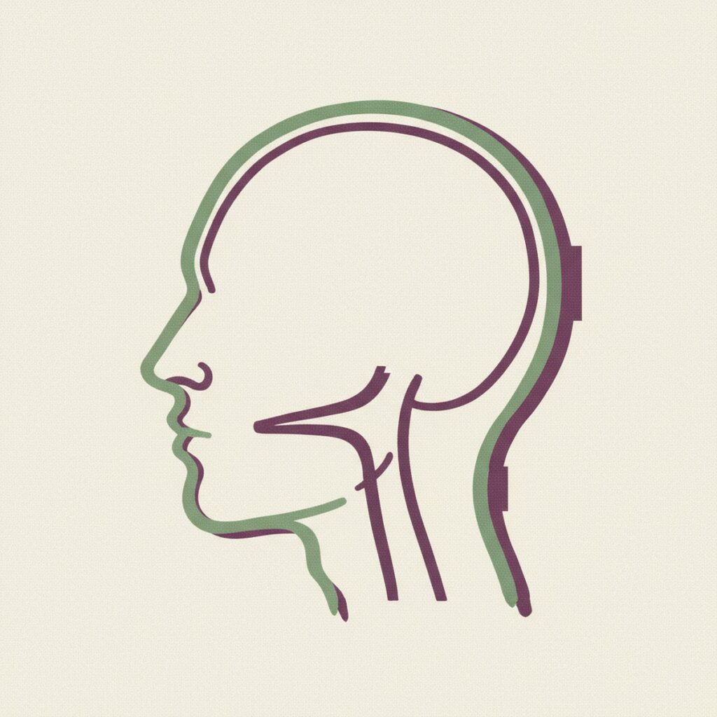 Risograph illustration of a head profile showing the airway channel for the Aligned with Ryan category Jaw and Breathing