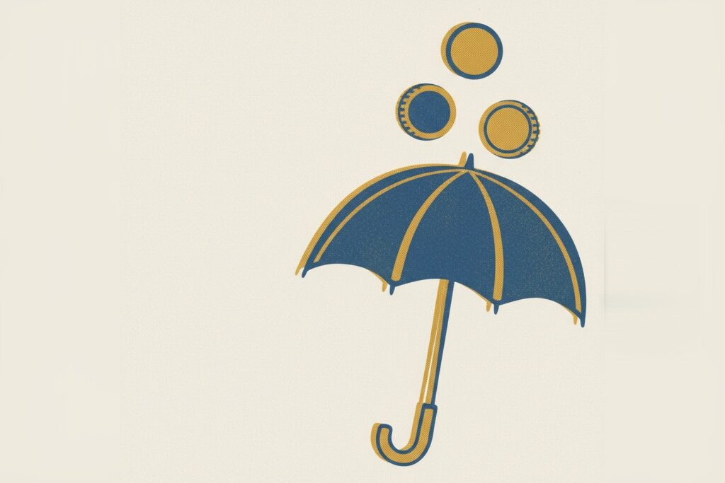 Blue umbrella catching three gold coins, illustrating dental insurance coverage for braces