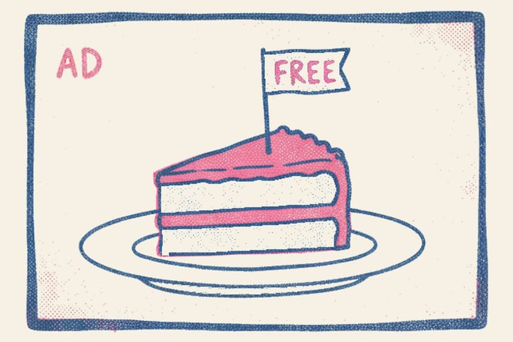 Aligned with Ryan two-color risograph illustration of a layered cake slice on a plate with a small pennant flag reading FREE, drawn inside a hand-lettered AD frame, for a report on nighttime-only aligner marketing.