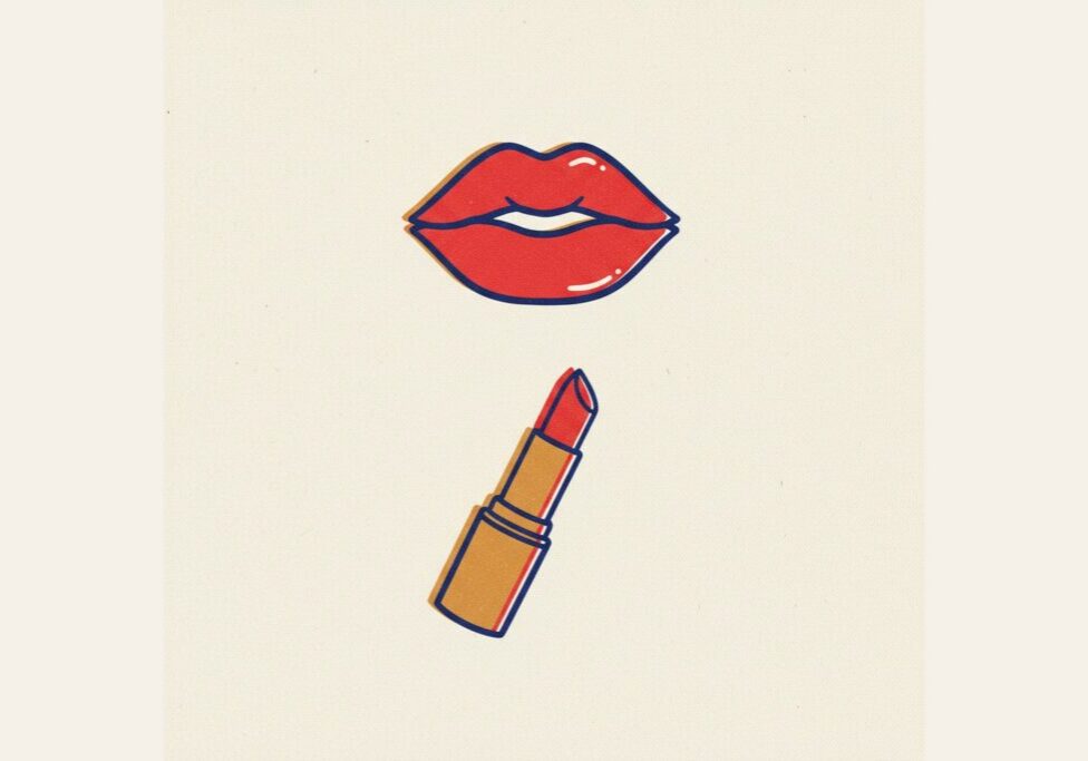 Iconic lipstick tube and stylized lip shapes risograph illustration adult orthodontic care
